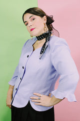 Women's vintage 1990's Leslie Fay - Dresses Petite label long sleeve lavender purple button up blazer with black buttons and scalloped trim edges.