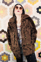 Women's vintage 1960's Sears Fashions label long sleeve double breasted chocolate brown faux fur pea coat with big gold buttons.