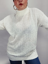 Women's 1980's Spunky, Made in USA label long sleeve white pullover sweater with a mock neck in acrylic textured material.