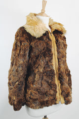 Women's vintage 1980's Dino Ricco, Made in Hong Kong label long sleeve zip up brown genuine fur coat with cream fur neckline.