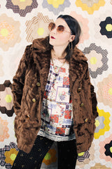 Women's vintage 1960's Sears Fashions label long sleeve double breasted chocolate brown faux fur pea coat with big gold buttons.