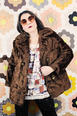 Women's vintage 1960's Sears Fashions label long sleeve double breasted chocolate brown faux fur pea coat with big gold buttons.