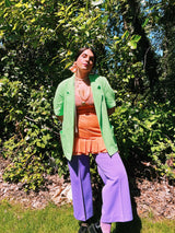 Women's vintage 1980's Sag Harbor label short sleeve lightweight lime green blazer with a one button closure. Rayon and Polyester material, perfect for Summer.