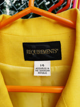 Women's vintage 1990's Requirements label long sleeve vibrant yellow button up blazer jacket. Shell buttons and linen like material.