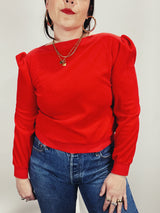 Women's vintage 1980's red velour velvet pullover sweater with ribbed trim and a boat neckline.
