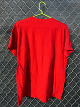 Women's or men's vintage 1970's Screen Stars, Made in the USA label short sleeve red graphic t-shirt with Yasgur's Farm logo which is the farm where Woodstock took place.