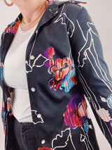 long sleeve black abstract print blouse