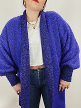 Women's vintage 1980's Fitting Image label long sleeve long length purple nubby cardigan with an open front.