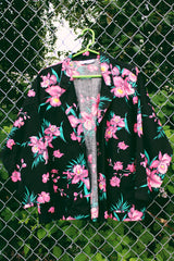 Women's vintage 1980's C Mon, Made in USA label long sleeve open front cotton material lightweight blazer jacket in black with all over pink floral print.