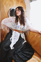 1970's cream colored lace triangle shaped scarf with long fringe trim that can also be worn as a shawl.