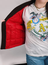 red sleeveless quilted puffy vest