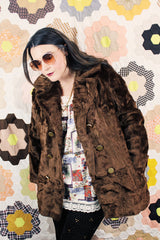 Women's vintage 1960's Sears Fashions label long sleeve double breasted chocolate brown faux fur pea coat with big gold buttons.