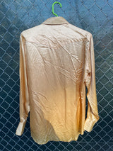 Men's vintage 1950's H Bar C Ranchwear, Long Tail label long sleeve western shirt in satin yellow color with pearly snap buttons.