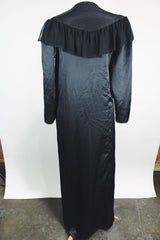 Women's vintage 1990's Blanche label long sleeve maxi length black wrap duster robe. Has lace and ruffle trim. Lightweight Polyester material.