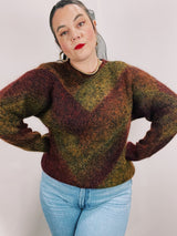 long sleeve mohair pullover sweater in maroon and green