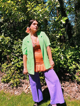 Women's vintage 1980's Sag Harbor label short sleeve lightweight lime green blazer with a one button closure. Rayon and Polyester material, perfect for Summer.