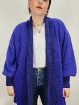 Women's vintage 1980's Fitting Image label long sleeve long length purple nubby cardigan with an open front.