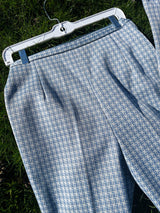 Women's vintage 1970's matching pant set with pants and button up shirt blouse in blue and white gingham polyester material.