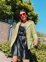 Women's vintage 1970's Jack Winter label long sleeve striped blazer with gold button closure. Lime green, orange, and tan colors in polyester material.