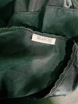 Women's vintage 1990's Blanche label long sleeve maxi length black wrap duster robe. Has lace and ruffle trim. Lightweight Polyester material.