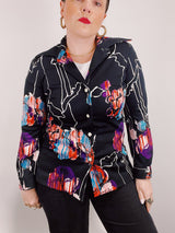 long sleeve black abstract print blouse