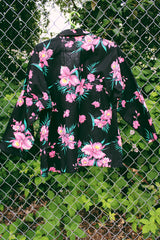 Women's vintage 1980's C Mon, Made in USA label long sleeve open front cotton material lightweight blazer jacket in black with all over pink floral print.