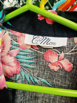 Women's vintage 1980's C Mon, Made in USA label long sleeve open front cotton material lightweight blazer jacket in black with all over pink floral print.