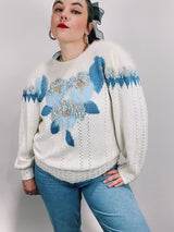 white long sleeve pullover sweater with blue pattern