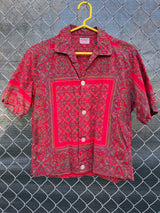 Men's or women's vintage 1950's McGregor Sportswear, Modern Wash-Wear-Cottons, Made in USA label short sleeve button up shirt in red with paisley print.