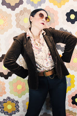Women's vintage Modernage Sportswear Inc. label long sleeve chocolate brown velvet blazer with button front closure and double lapel.