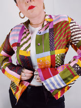 multicolored printed button up blouse