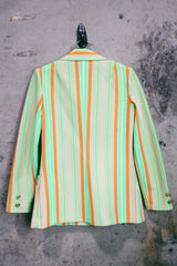 Women's vintage 1970's Jack Winter label long sleeve striped blazer with gold button closure. Lime green, orange, and tan colors in polyester material.