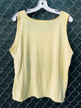 Women's or men's vintage 1980's Surf Gear label XL sleeveless yellow tank top t-shirt with Pismo Beach multicolored graphic on the front.