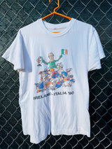 Women's or men's vintage 1990's short sleeve white t-shirt with a multicolored world cup soccer graphic on the front.