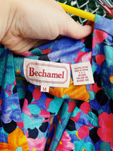 Women's vintage 1980's Bechamel label long sleeve open front lightweight blazer jacket with an all over multicolored floral print.