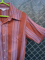 Men's vintage 1960's Towncraft Penneys short sleeve button up rayon shirt in brown with purple vertical stripes.