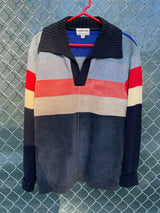 Men's or women's vintage 1970's Made exclusively for Collageman label long sleeve pullover sweater with suede front and a collar. Black, red, yellow, and blue collars.
