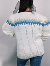 white long sleeve pullover sweater with blue pattern