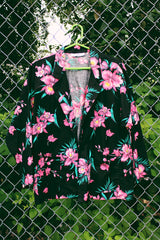 Women's vintage 1980's C Mon, Made in USA label long sleeve open front cotton material lightweight blazer jacket in black with all over pink floral print.