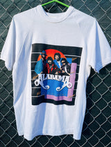 Women's or men's vintage 1986 Tee Jays, Made in USA label short sleeve white raglan t-shirt with Alabama band tour graphic on front and back.