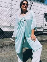 Women's vintage 1980's Fashion by Becky Sharpe, Made in USA label light blue nightie top with short sleeves and lace trim throughout.