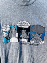 Women's or men's vintage 1983 Super Shirts, Made in USA label Medium short sleeve heather grey t-shirt with cartoon cat graphic on the front in blue, black, and white.