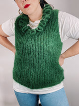 sleeveless green mohair sweater vest with ruffle trim