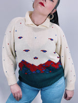 long sleeve cream pullover sweater with collar and mountain print