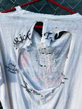 Women's or men's vintage 1980's Star California, Made in Chile label XL short sleeve white graphic t-shirt with Betty Boop on a motorcycle on the front.