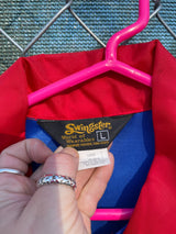 Women's or men's vintage 1970's Swingster, World of Wearables label long sleeve blue and red lightweight zip up windbreaker with a western style.