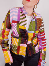 multicolored printed button up blouse