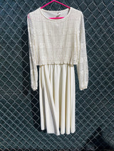 Women's vintage 1970's Union Made long sleeve midi length dress in cream white polyester with lace top and sleeves.