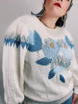 white long sleeve pullover sweater with blue pattern
