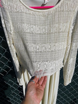 Women's vintage 1970's Union Made long sleeve midi length dress in cream white polyester with lace top and sleeves.